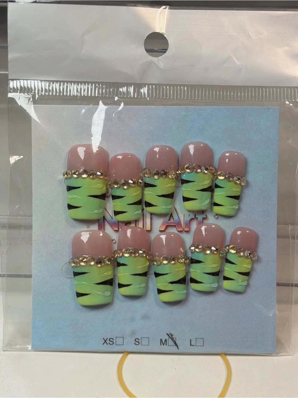 False Nail Set with Pink and Neon Green Zebra Design and Rhinestones